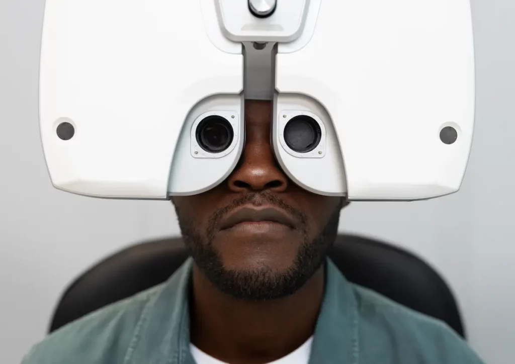 Paciente realiza exame em equipamento oftalmológico, em imagem ilustrativa sobre erros refracionais.